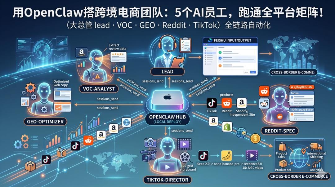 用 OpenClaw 搭跨境电商 AI 团队：5 个数字员工跑通全平台矩阵，效率拉满！